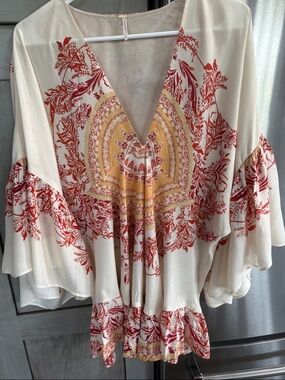 Free People Women's Cream Boho Floral V-Neck top multi color print sz s/p